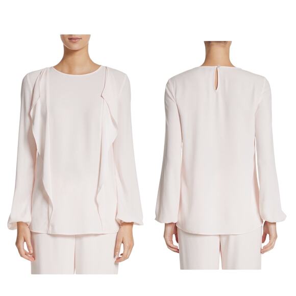 St. John Collection Satin Crepe Blush Pink Long Sleeve Ruffle Blouse Top Size XL - Picture 1 of 11